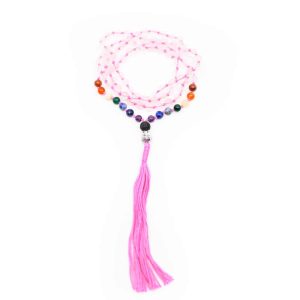 Edelsteine Mala Chakra und Rosenquarz-Buddha - 108 Perlen