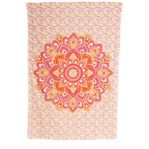 Authentisches Wandtuch Baumwolle mit rot-orangem Mandala und Blumen (215x135cm)