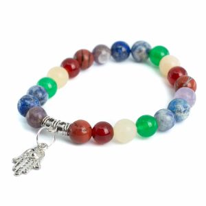 Edelstein-Armband 7 Chakra mit Hamsa Hand - 8 mm