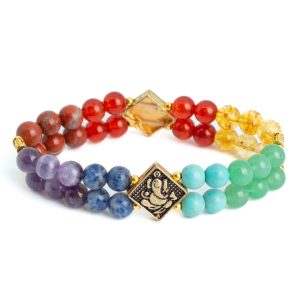 Edelstein-Armband 7 Chakra Ganesha zwei Reihen (8mm Perlen)