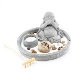 Mini Zen Garten Japanisch Rund mit Lachendem Buddha (8 cm)