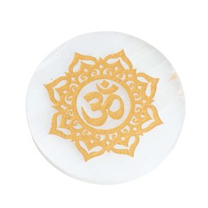 Edelstein Selenit Aufladungsstein Rund OHM Mandala (80 mm)